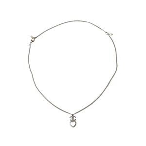 Chanel Crystal Strass CC Heart Pendant Necklace Silver